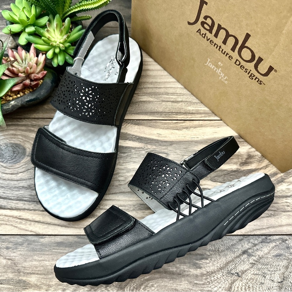 NIB Jambu Alba Slingback Rocker Platform Sandal Black Leather